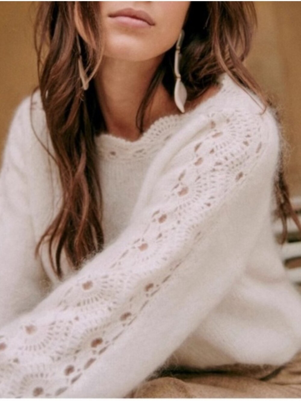 SEZANE Ecru Cream Mohair Wool Scalloped Lace Panel Balloon Sleeve Stacy Sweater
